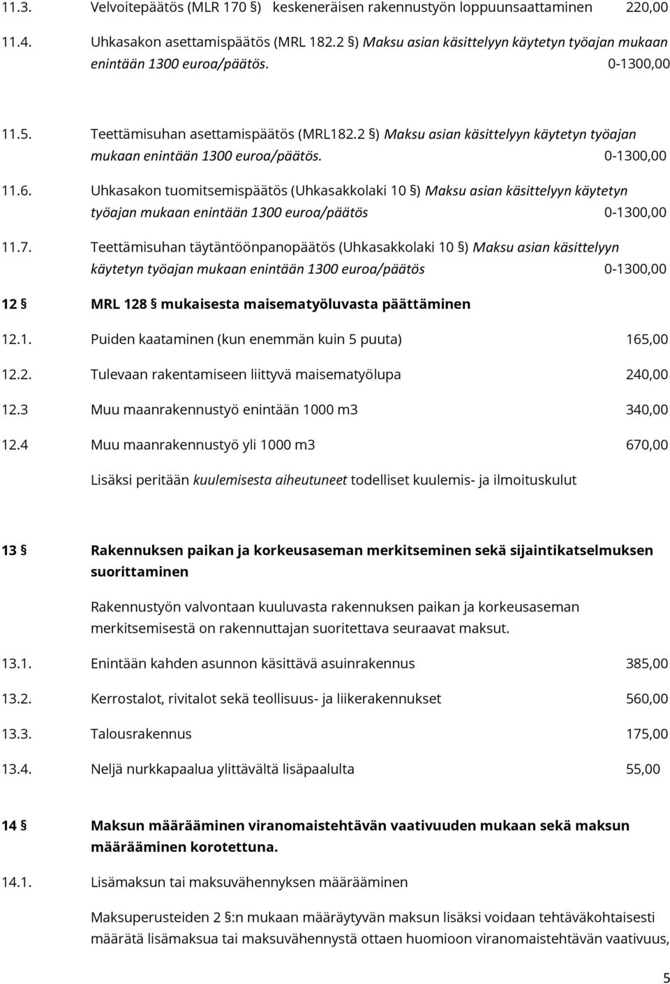 2 ) Maksu asian käsittelyyn käytetyn työajan mukaan enintään 1300 euroa/päätös. 0-1300,00 11.6.