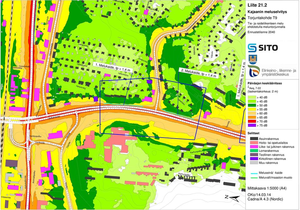 Melukaide, tp + 1,4 m Koulukuja Tornitie Tornitie Selitteet > 40 db > 45 db > 50 db > 55 db > 60 db > 65 db > 70 db > 75 db Sotkamontie Asuinrakennus Hoito- tai opetuslaitos Liike- tai julkinen