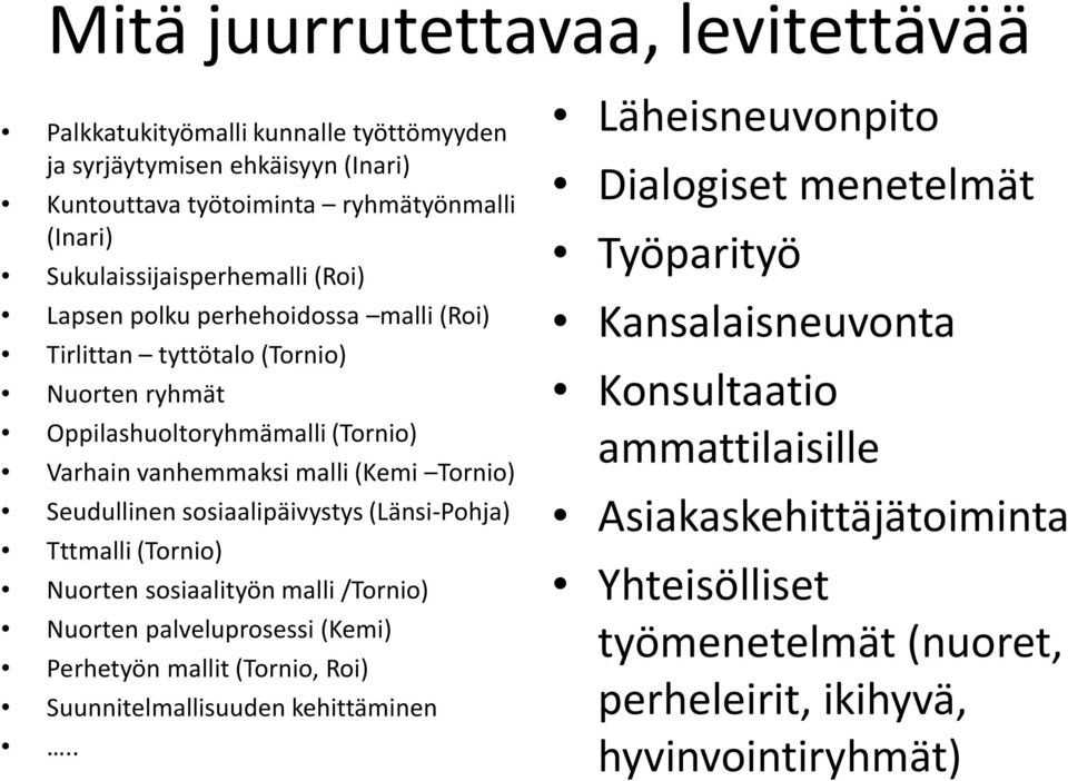 sosiaalipäivystys (Länsi-Pohja) Tttmalli (Tornio) Nuorten sosiaalityön malli /Tornio) Nuorten palveluprosessi (Kemi) Perhetyön mallit (Tornio, Roi) Suunnitelmallisuuden kehittäminen.