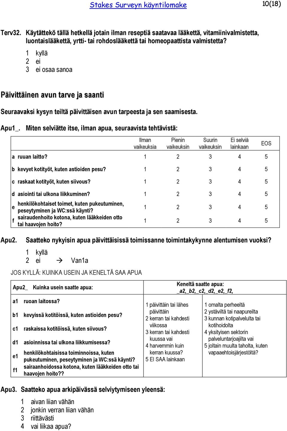 3 ei osaa sanoa Päivittäinen avun tarve ja saanti Seuraavaksi kysyn teiltä päivittäisen avun tarpeesta ja sen saamisesta. Apu1_. Miten selviätte itse, ilman apua, seuraavista tehtävistä: Apu2.