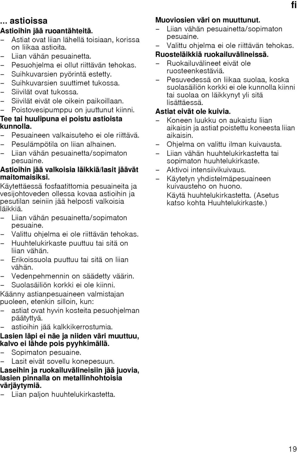 Tee tai huulipuna ei poistu astioista kunnolla. Pesuaineen valkaisuteho ei ole riittävä. Pesulämpötila on liian alhainen. Liian vähän pesuainetta/sopimaton pesuaine.