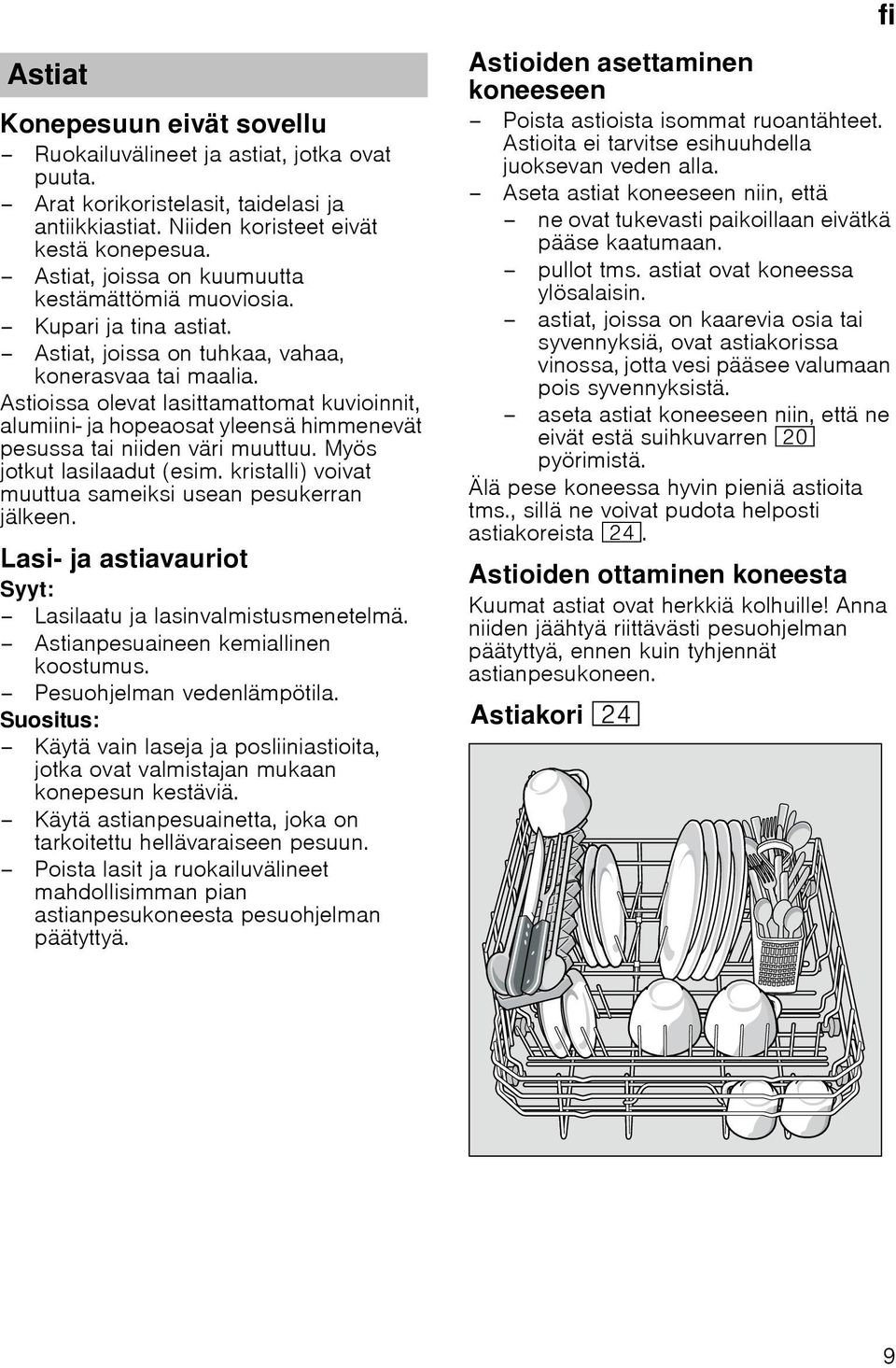 Astioissa olevat lasittamattomat kuvioinnit, alumiini- ja hopeaosat yleensä himmenevät pesussa tai niiden väri muuttuu. Myös jotkut lasilaadut (esim.