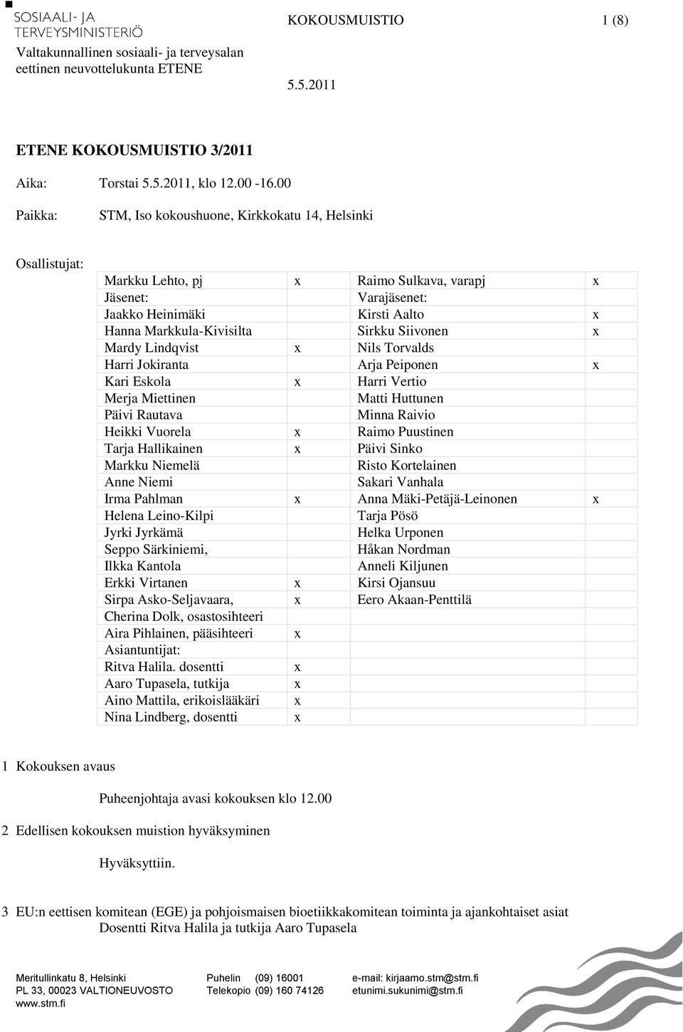 Siivonen x Mardy Lindqvist x Nils Torvalds Harri Jokiranta Arja Peiponen x Kari Eskola x Harri Vertio Merja Miettinen Matti Huttunen Päivi Rautava Minna Raivio Heikki Vuorela x Raimo Puustinen Tarja