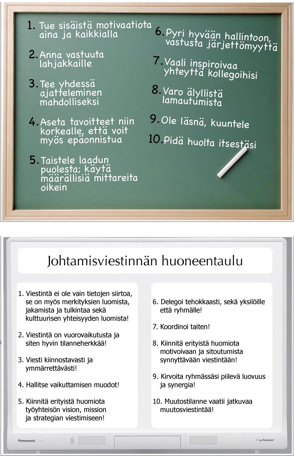 Ole läsnä, kuuntele 10.Pidä huolta itsestäsi Johtamisviestinnän huoneentaulu n 1.