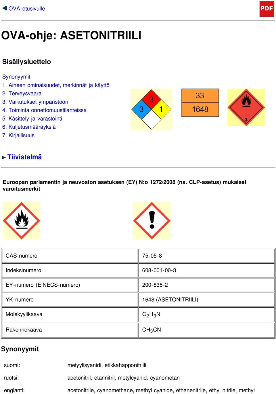 CLP-asetus) mukaiset varoitusmerkit CAS-numero 75-05-8 Indeksinumero 608-001-00-3 EY-numero (EINECS-numero) 200-835-2 YK-numero Molekyylikaava Rakennekaava 1648 (ASETONITRIILI) C 2 H