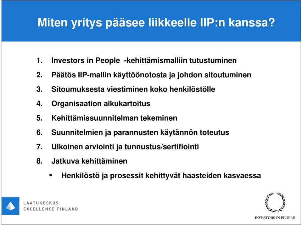 Organisaation alkukartoitus 5. Kehittämissuunnitelman tekeminen 6.