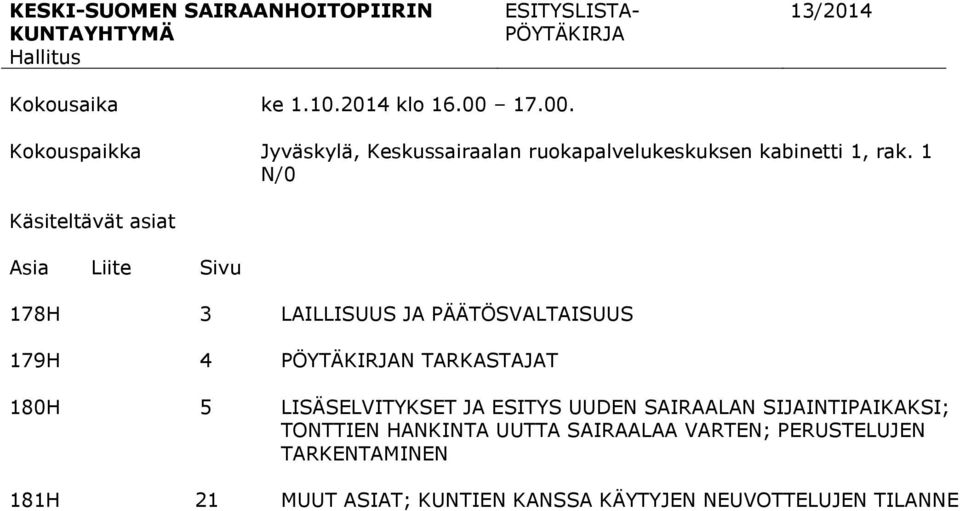 1 N/0 Käsiteltävät asiat Asia Liite Sivu 178H 3 LAILLISUUS JA PÄÄTÖSVALTAISUUS 179H 4 PÖYTÄKIRJAN TARKASTAJAT 180H 5