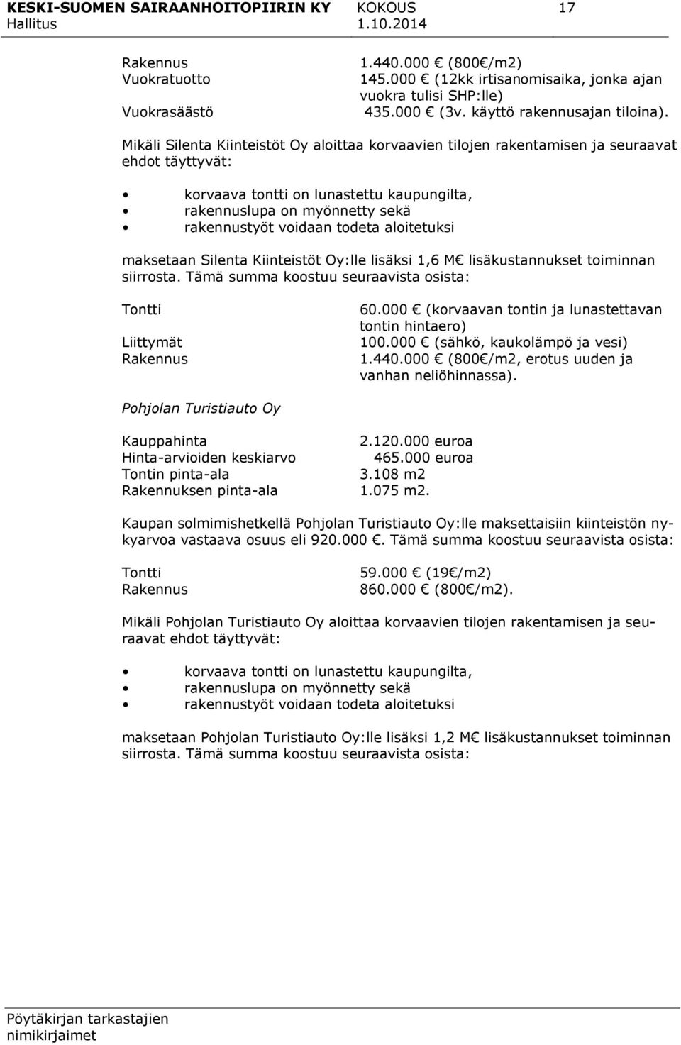 todeta aloitetuksi maksetaan Silenta Kiinteistöt Oy:lle lisäksi 1,6 M lisäkustannukset toiminnan siirrosta. Tämä summa koostuu seuraavista osista: Tontti Liittymät Rakennus 60.