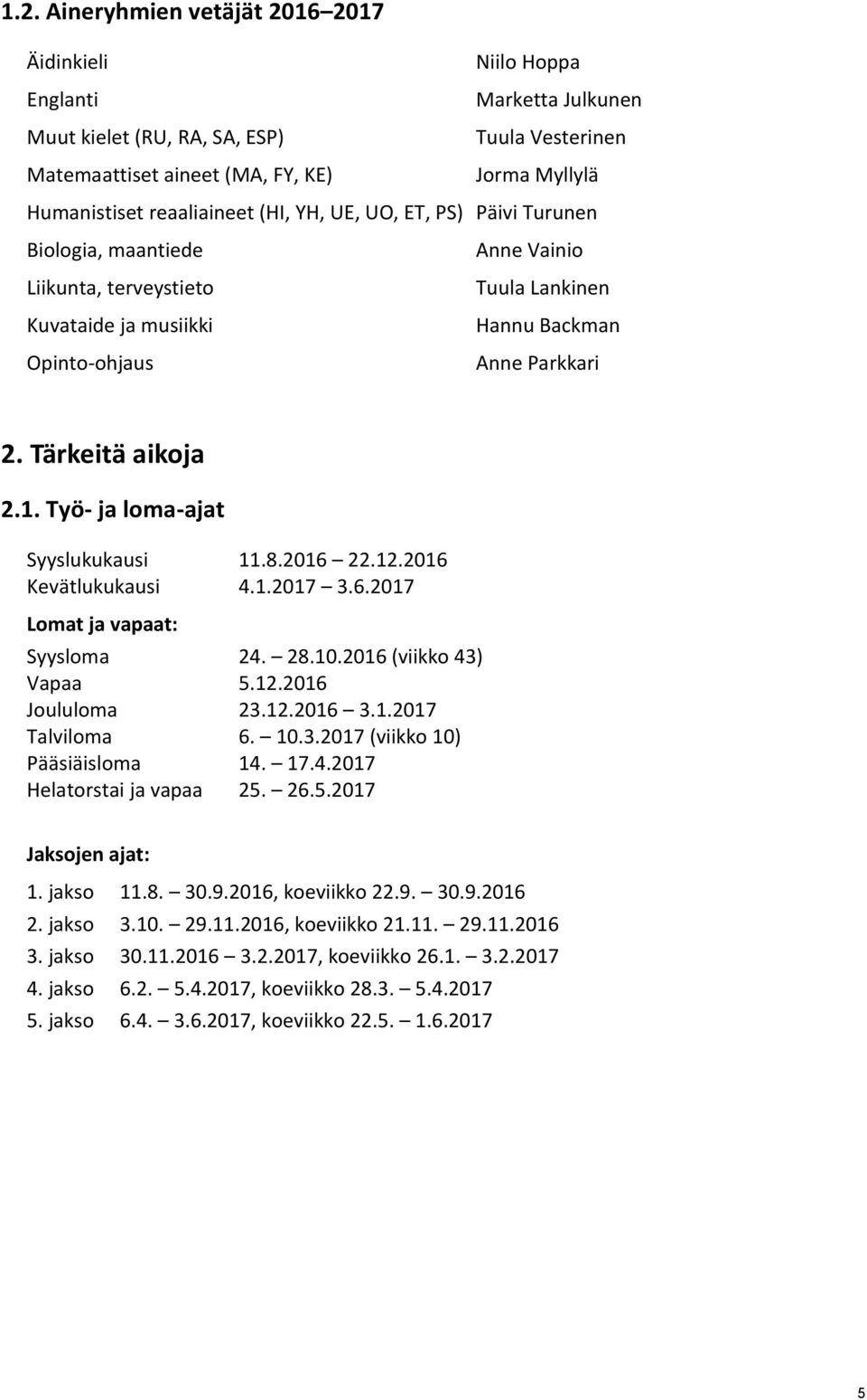 Tärkeitä aikoja 2.1. Työ- ja loma-ajat Syyslukukausi 11.8.2016 22.12.2016 Kevätlukukausi 4.1.2017 3.6.2017 Lomat ja vapaat: Syysloma 24. 28.10.2016 (viikko 43) Vapaa 5.12.2016 Joululoma 23.12.2016 3.