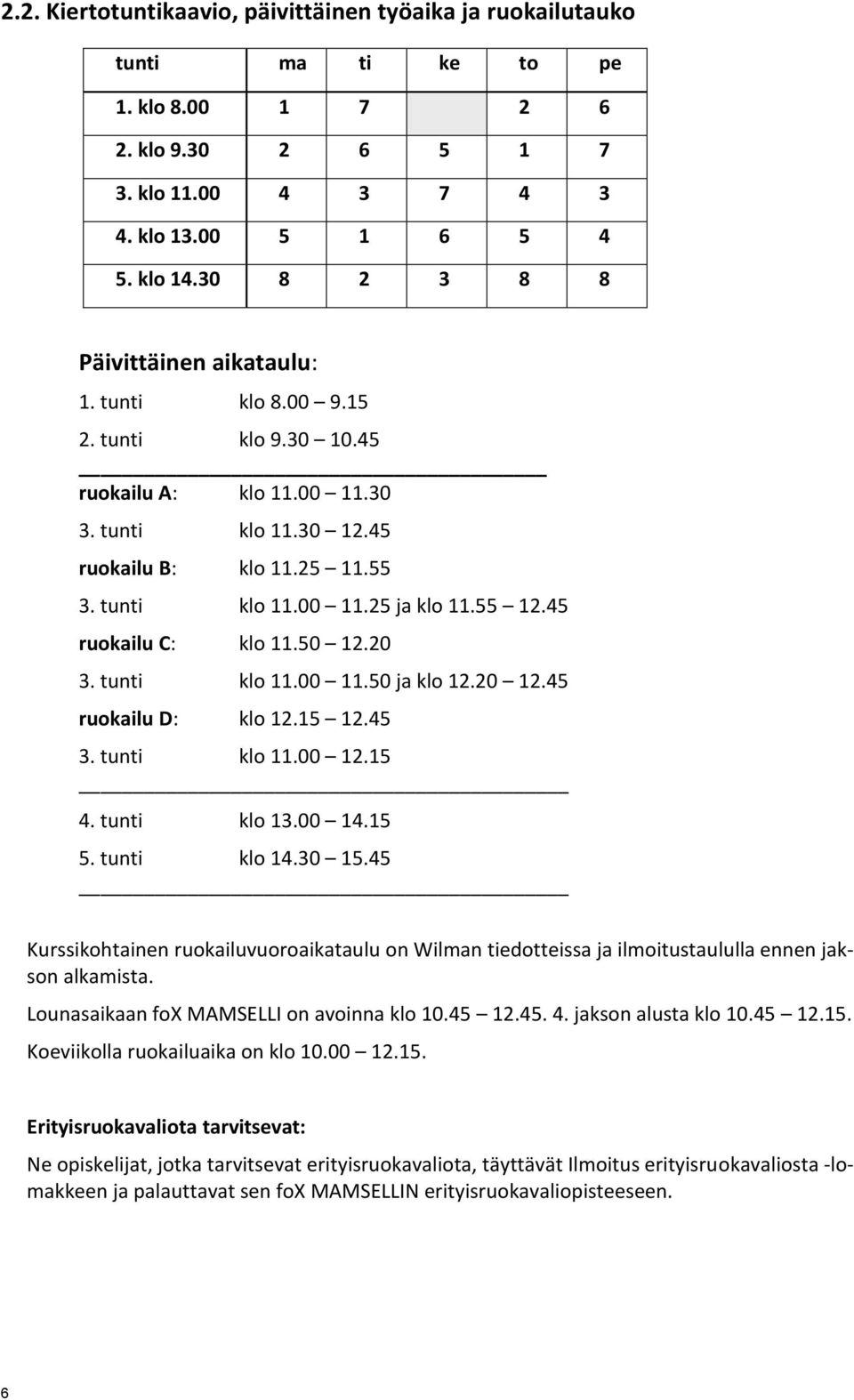 55 12.45 ruokailu C: klo 11.50 12.20 3. tunti klo 11.00 11.50 ja klo 12.20 12.45 ruokailu D: klo 12.15 12.45 3. tunti klo 11.00 12.15 4. tunti klo 13.00 14.15 5. tunti klo 14.30 15.