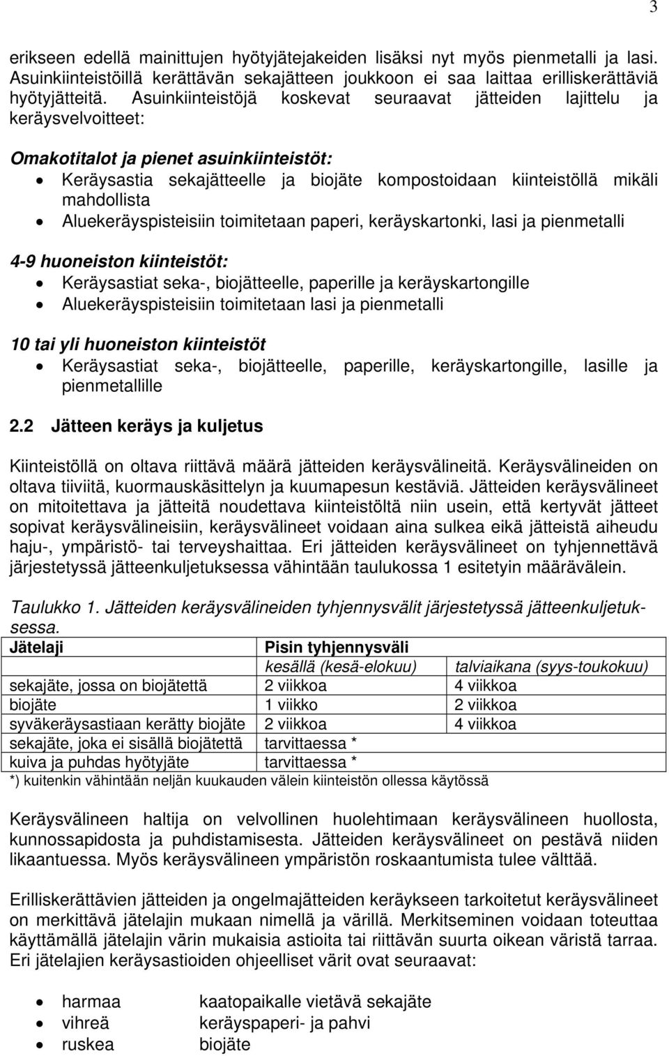 mahdollista Aluekeräyspisteisiin toimitetaan paperi, keräyskartonki, lasi ja pienmetalli 4-9 huoneiston kiinteistöt: Keräysastiat seka-, biojätteelle, paperille ja keräyskartongille