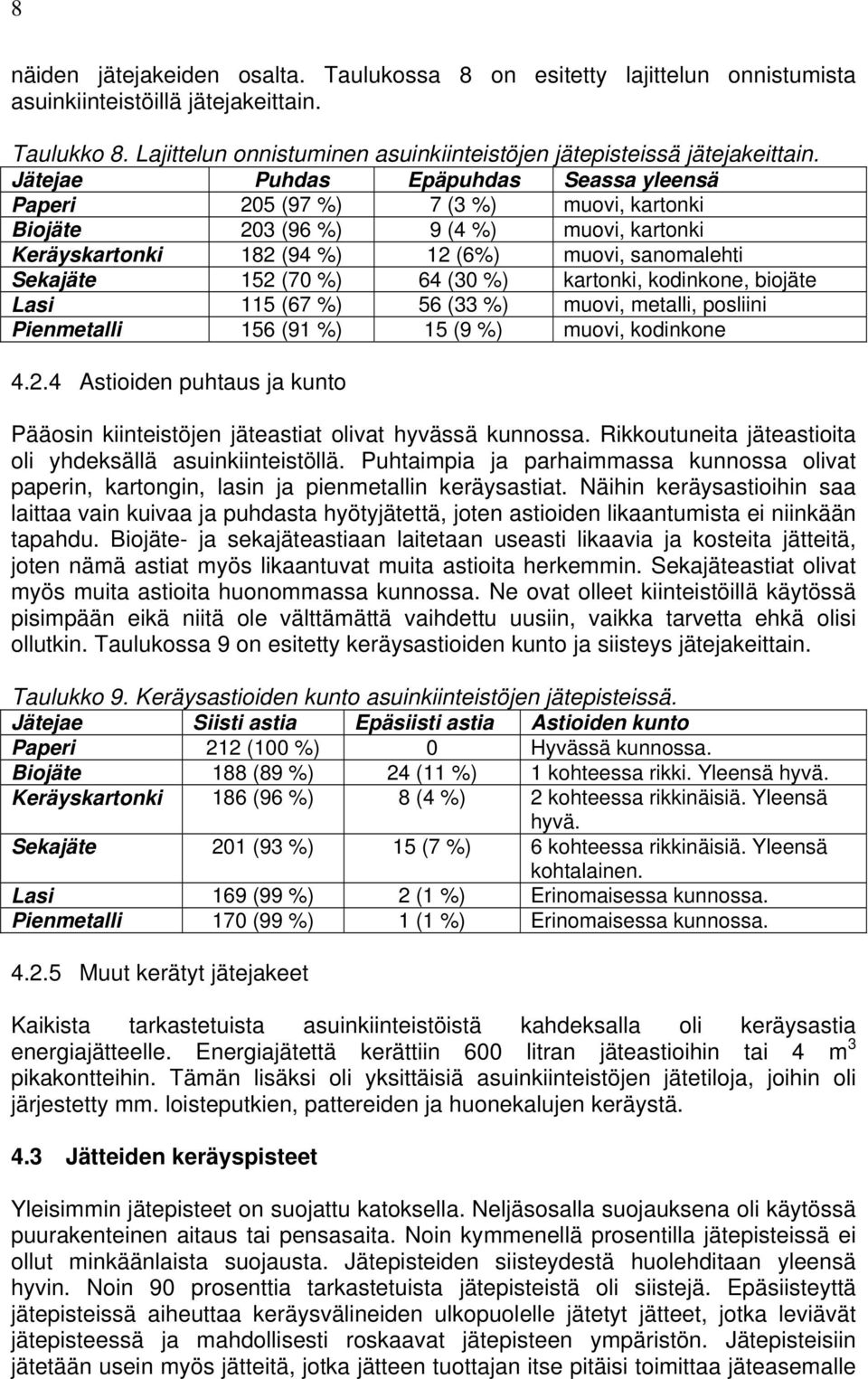 64 (30 %) kartonki, kodinkone, biojäte Lasi 115 (67 %) 56 (33 %) muovi, metalli, posliini Pienmetalli 156 (91 %) 15 (9 %) muovi, kodinkone 4.2.