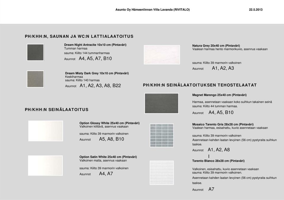 25x40 cm (Pintaväri) PH/KHH:N SEINÄLAATOITUS Harmaa, asennetaan vaakaan koko suihkun takainen seinä sauma: Kiilto 44 tumman harmaa.