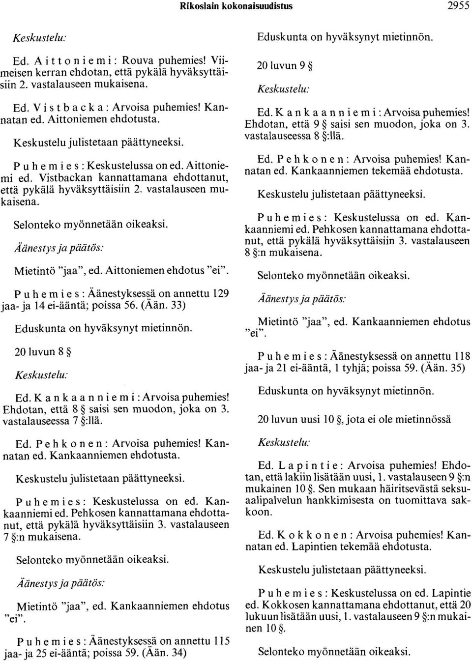 vastalauseen mukaisena. Selonteko myönnetään oikeaksi. Aänestys ja päätös: Mietintö "jaa", ed. Aittaniemen ehdotus "ei". Puhemies: Äänestykses~ä on annettu 129 jaa- ja 14 ei-ääntä; poissa 56. (Aän.