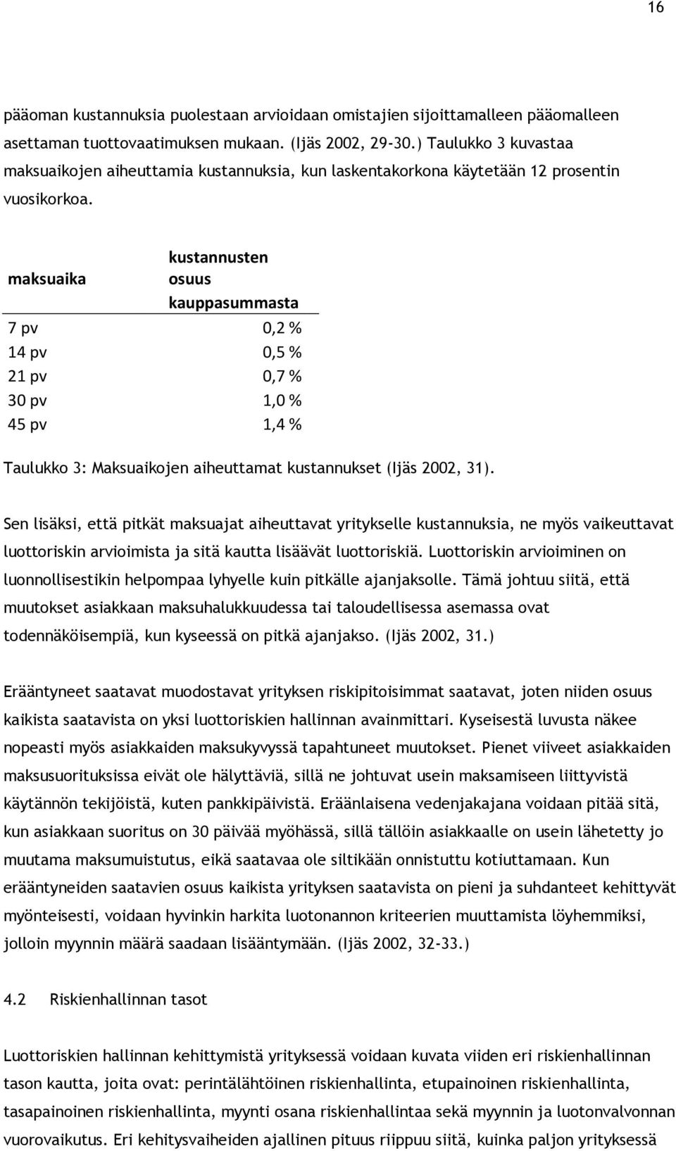 kustannusten maksuaika osuus kauppasummasta 7 pv 0,2 % 14 pv 0,5 % 21 pv 0,7 % 30 pv 1,0 % 45 pv 1,4 % Taulukko 3: Maksuaikojen aiheuttamat kustannukset (Ijäs 2002, 31).