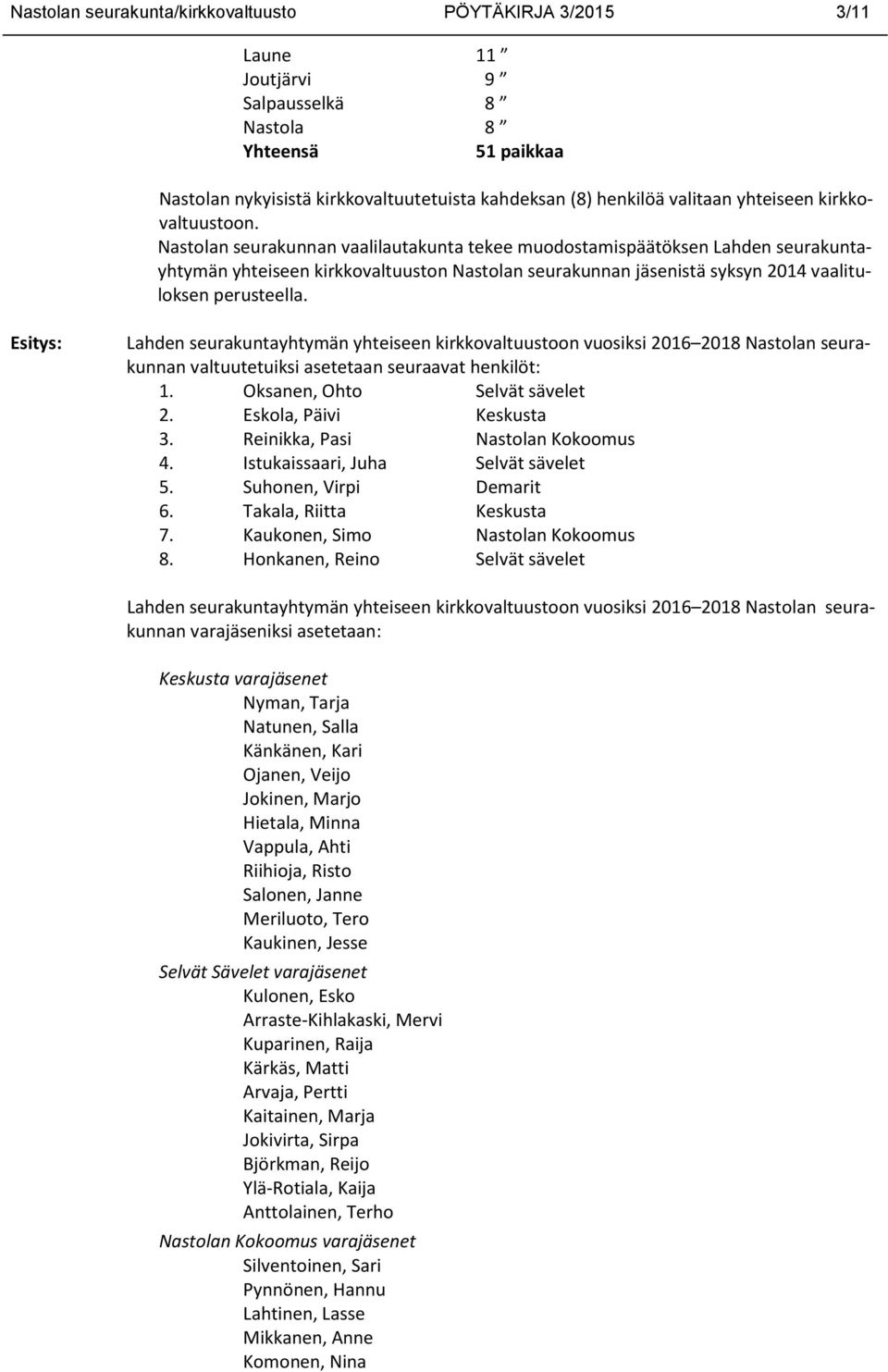 Nastolan seurakunnan vaalilautakunta tekee muodostamispäätöksen Lahden seurakuntayhtymän yhteiseen kirkkovaltuuston Nastolan seurakunnan jäsenistä syksyn 2014 vaalituloksen perusteella.