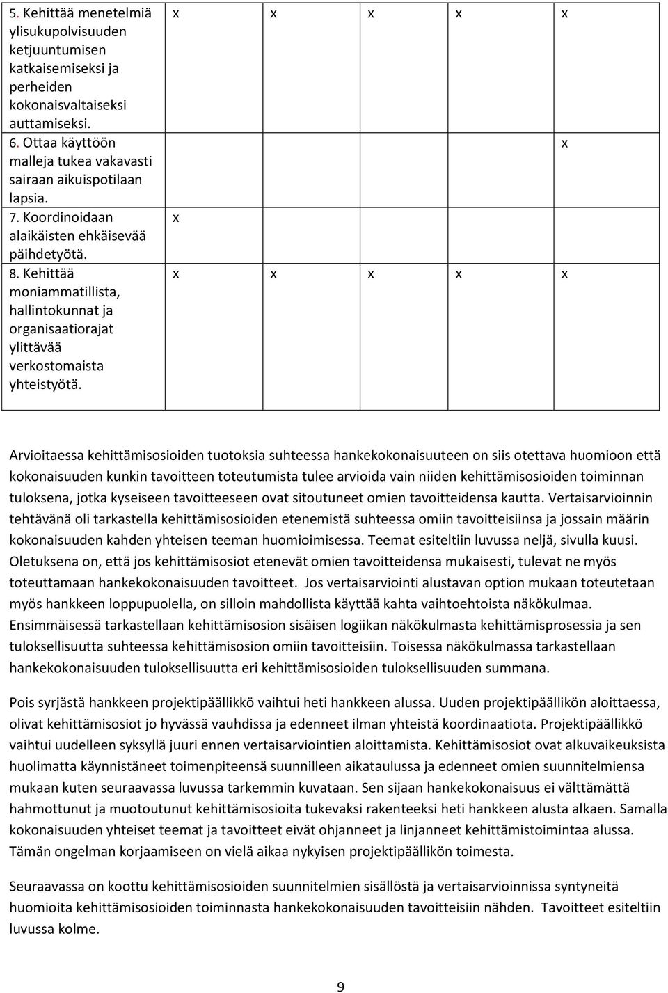 x x x x x x x x x x x x Arvioitaessa kehittämisosioiden tuotoksia suhteessa hankekokonaisuuteen on siis otettava huomioon että kokonaisuuden kunkin tavoitteen toteutumista tulee arvioida vain niiden