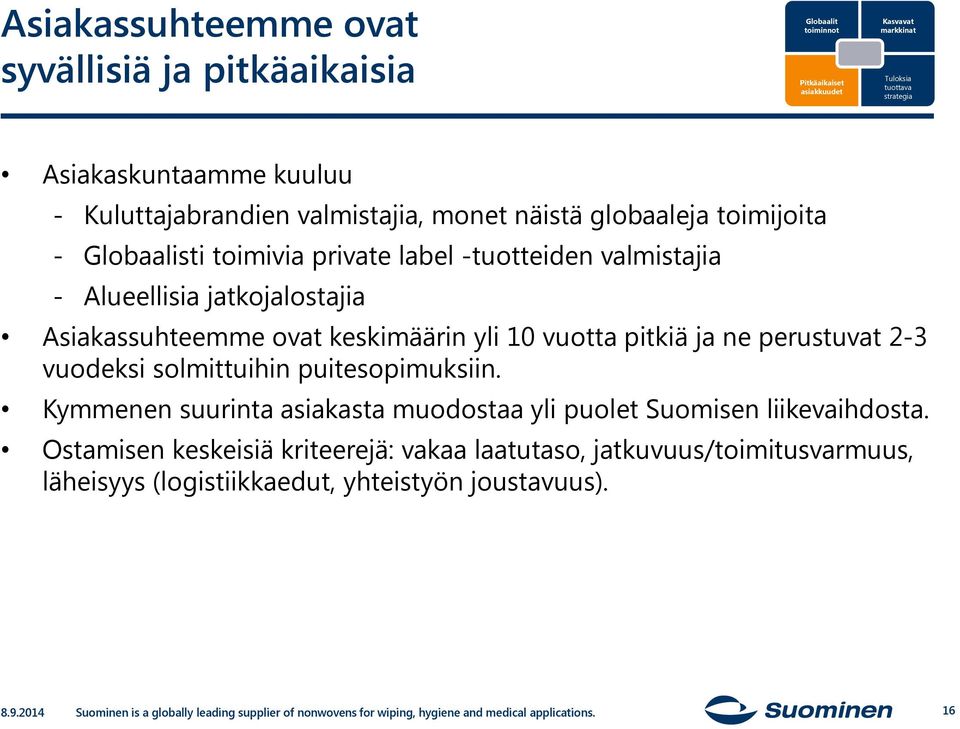 pitkiä ja ne perustuvat 2-3 vuodeksi solmittuihin puitesopimuksiin. Kymmenen suurinta asiakasta muodostaa yli puolet Suomisen liikevaihdosta.