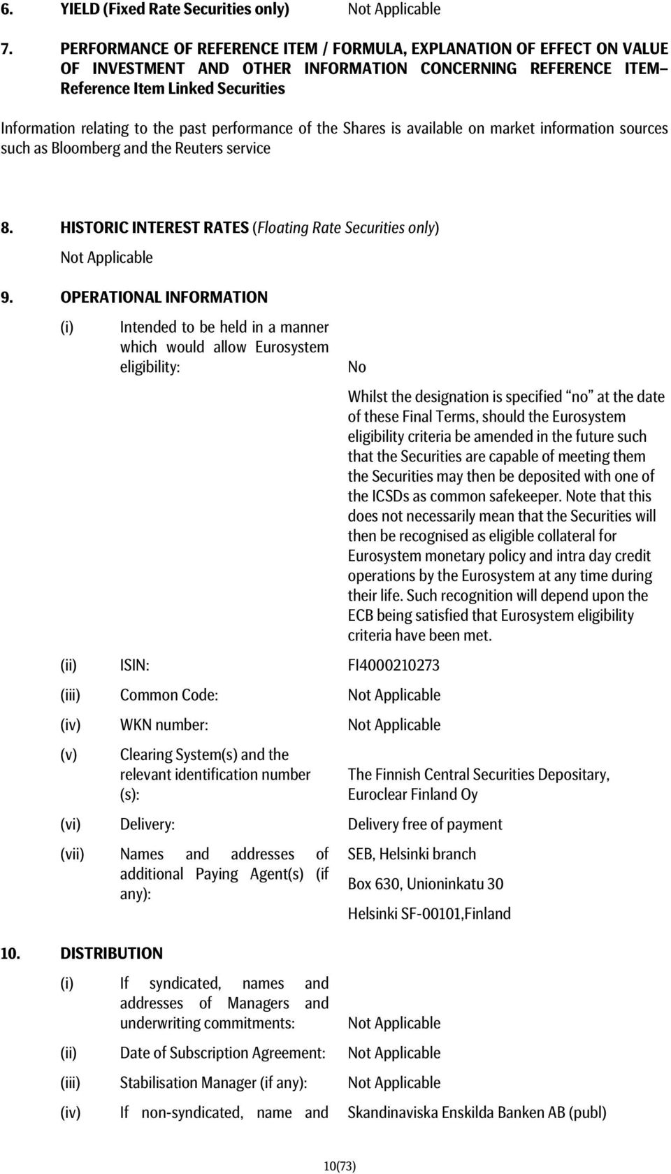 performance of the Shares is available on market information sources such as Bloomberg and the Reuters service 8. HISTORIC INTEREST RATES (Floating Rate Securities only) Not Applicable 9.