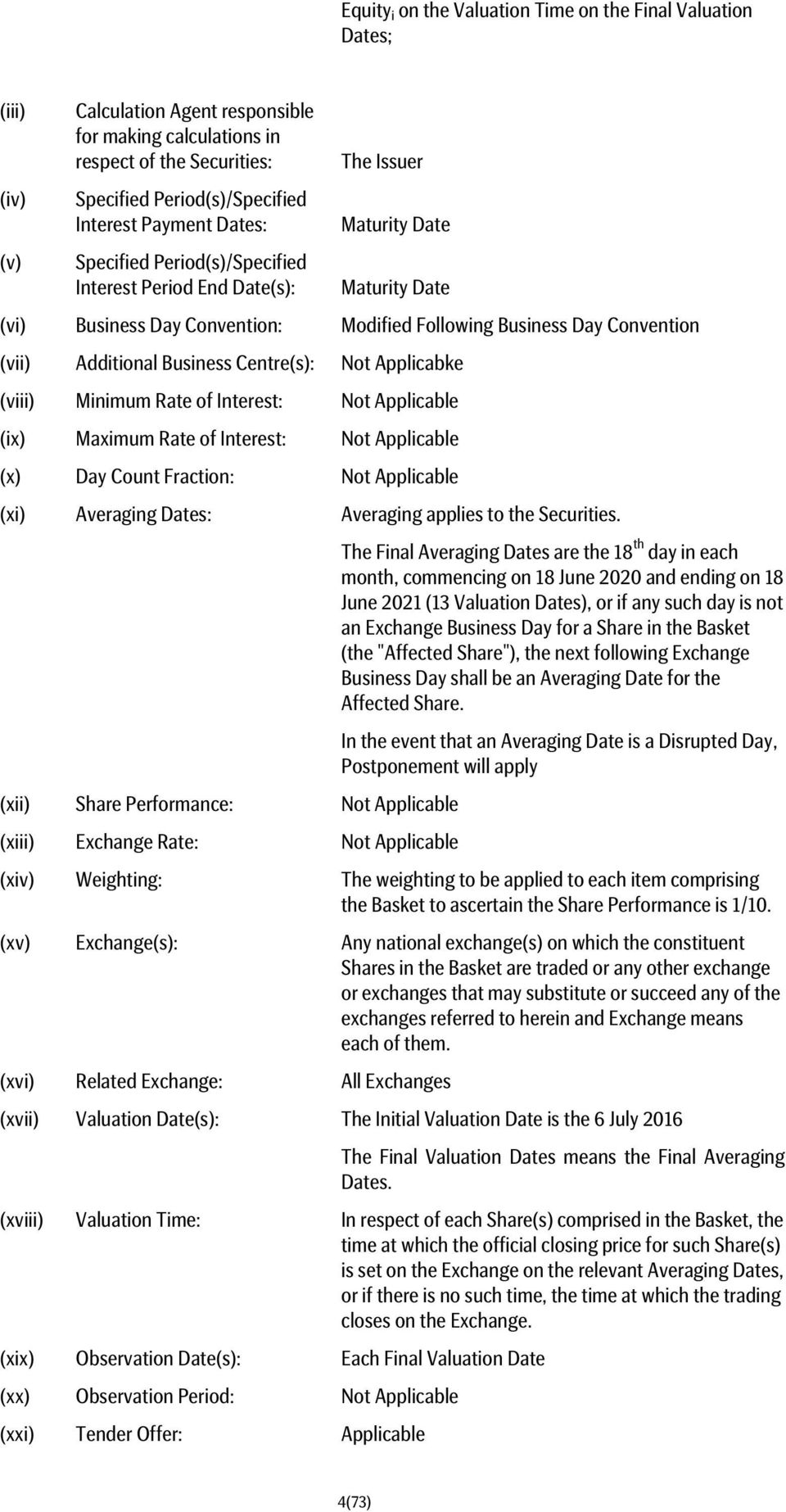 Additional Business Centre(s): Not Applicabke (viii) Minimum Rate of Interest: Not Applicable (ix) Maximum Rate of Interest: Not Applicable (x) Day Count Fraction: Not Applicable (xi) Averaging