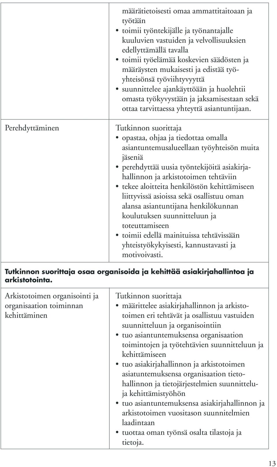 Perehdyttäminen opastaa, ohjaa ja tiedottaa omalla asiantuntemusalueellaan työyhteisön muita jäseniä perehdyttää uusia työntekijöitä asiakirjahallinnon ja arkistotoimen tehtäviin tekee aloitteita