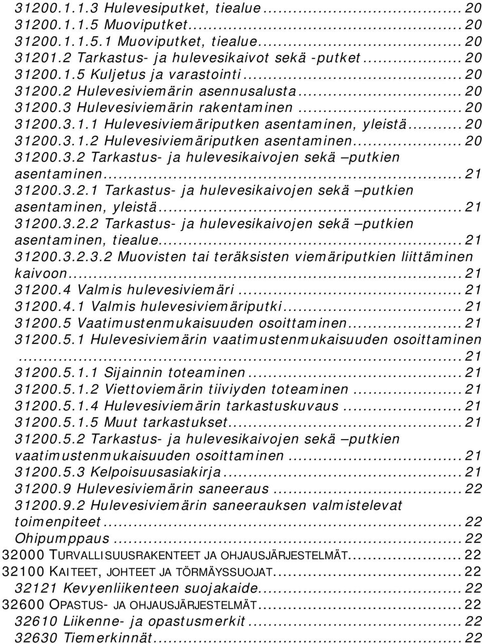 .. 20 31200.3.2 Tarkastus- ja hulevesikaivojen sekä putkien asentaminen... 21 31200.3.2.1 Tarkastus- ja hulevesikaivojen sekä putkien asentaminen, yleistä... 21 31200.3.2.2 Tarkastus- ja hulevesikaivojen sekä putkien asentaminen, tiealue.