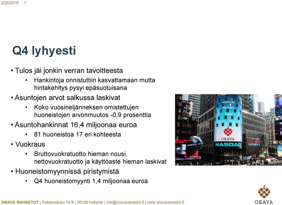 -0,9 prosenttia Asuntohankinnat 16,4 miljoonaa euroa 81 huoneistoa 17 eri kohteesta Vuokraus Bruttovuokratuotto hieman