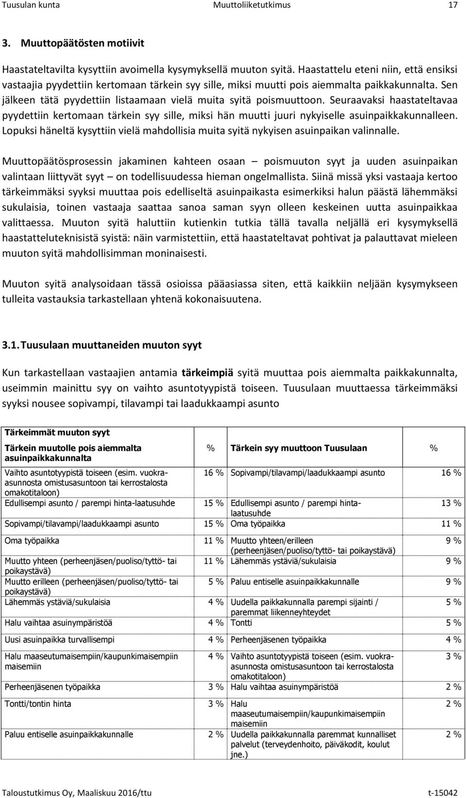 Sen jälkeen tätä pyydettiin listaamaan vielä muita syitä poismuuttoon. Seuraavaksi haastateltavaa pyydettiin kertomaan tärkein syy sille, miksi hän muutti juuri nykyiselle asuinpaikkakunnalleen.