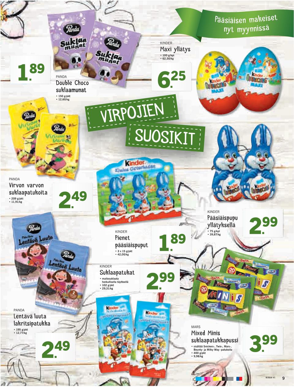 49 KINDER Pienet pääsiäispuput 3 x 15 g/pkt 1. 42,00/kg 89 KINDER Pääsiäispupu yllätyksellä 75 g/kpl 39,87/kg 2.