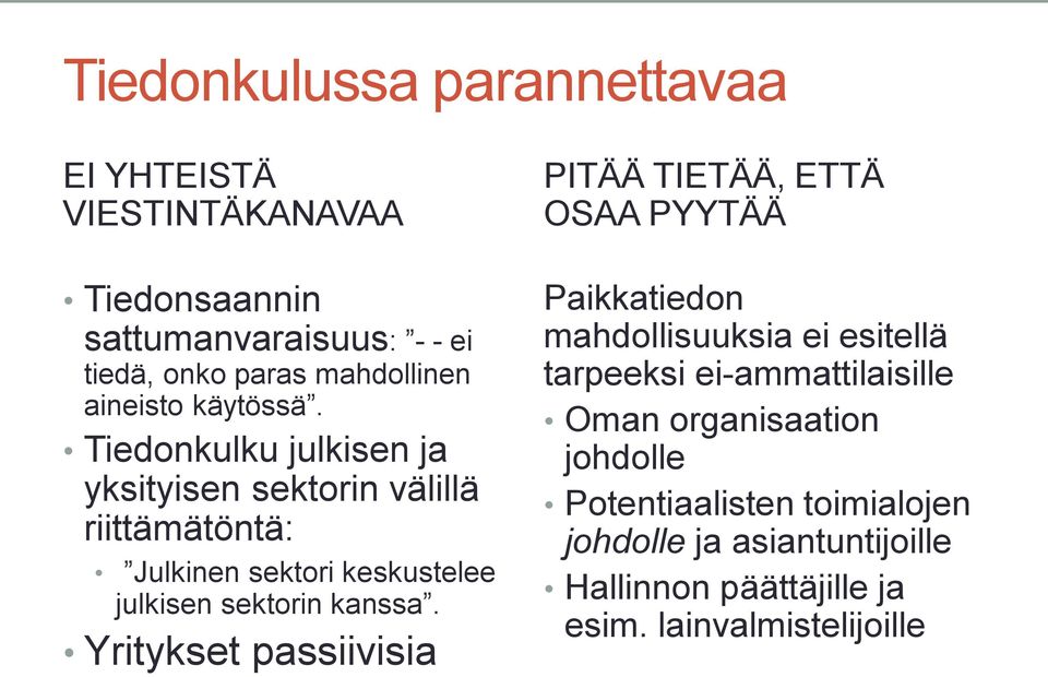 Tiedonkulku julkisen ja yksityisen sektorin välillä riittämätöntä: Julkinen sektori keskustelee julkisen sektorin kanssa.