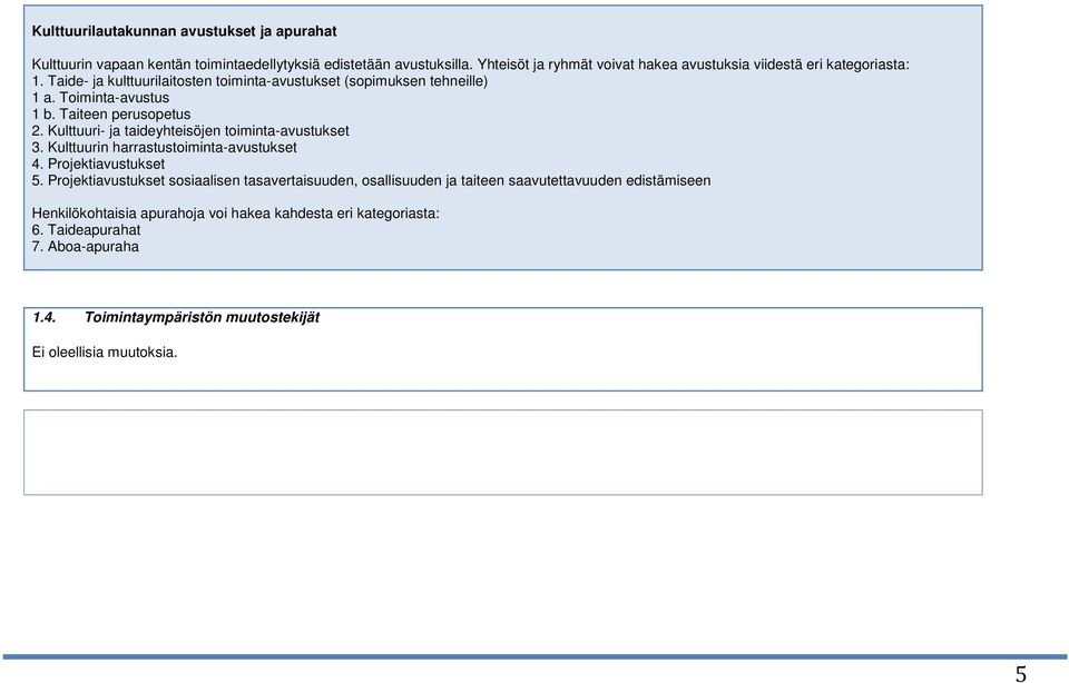 Taiteen perusopetus 2. Kulttuuri- ja taideyhteisöjen toiminta-avustukset 3. Kulttuurin harrastustoiminta-avustukset 4. Projektiavustukset 5.