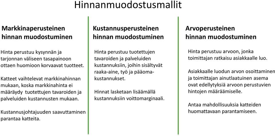 Kustannusperusteinen hinnan muodostuminen Hinta perustuu tuotettujen tavaroiden ja palveluiden kustannuksiin, joihin sisältyvät raaka-aine, työ ja pääomakustannukset.