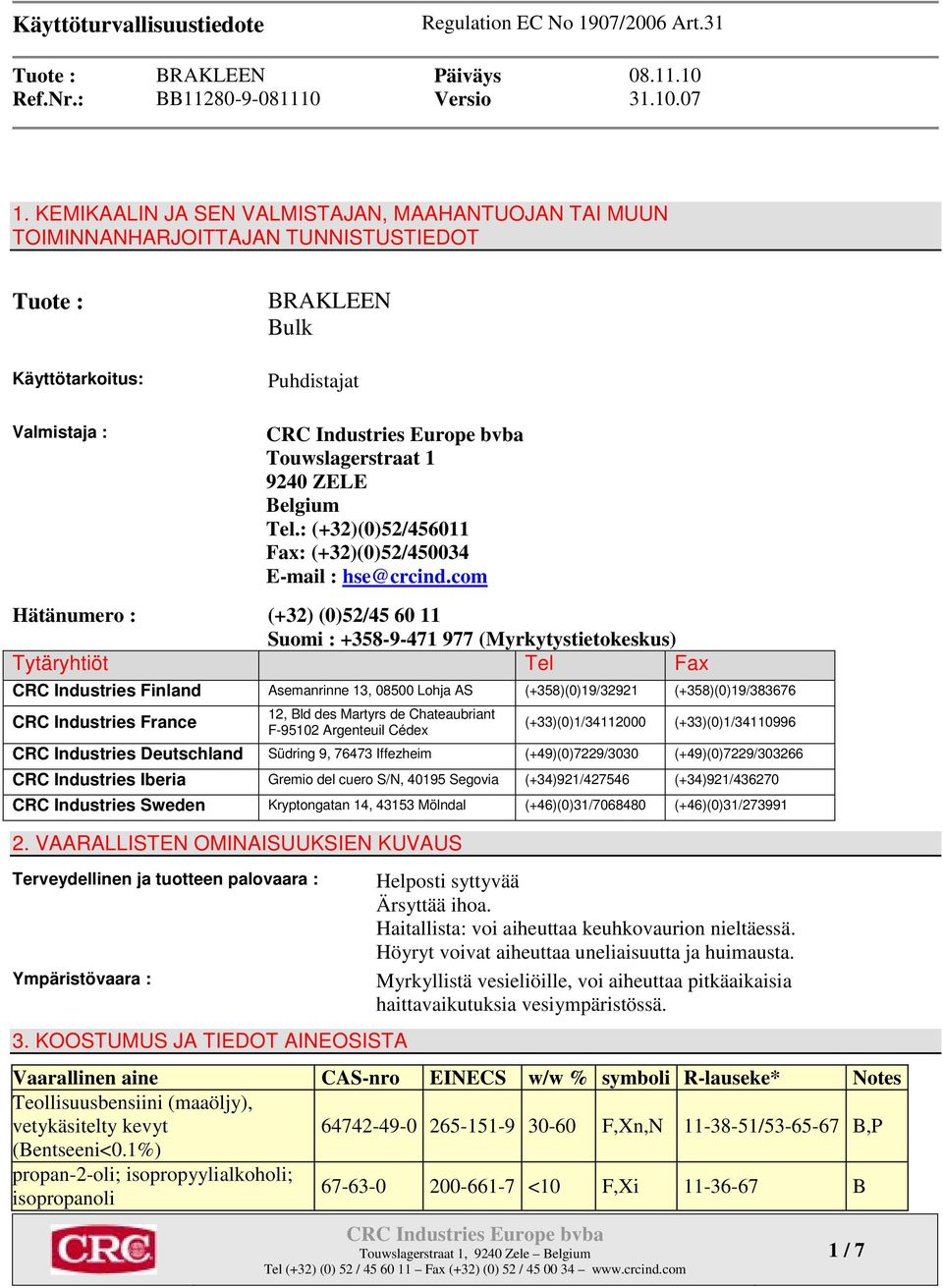 com Hätänumero : (+32) (0)52/45 60 11 Suomi : +358-9-471 977 (Myrkytystietokeskus) Tytäryhtiöt Tel Fax CRC Industries Finland Asemanrinne 13, 08500 Lohja AS (+358)(0)19/32921 (+358)(0)19/383676 CRC