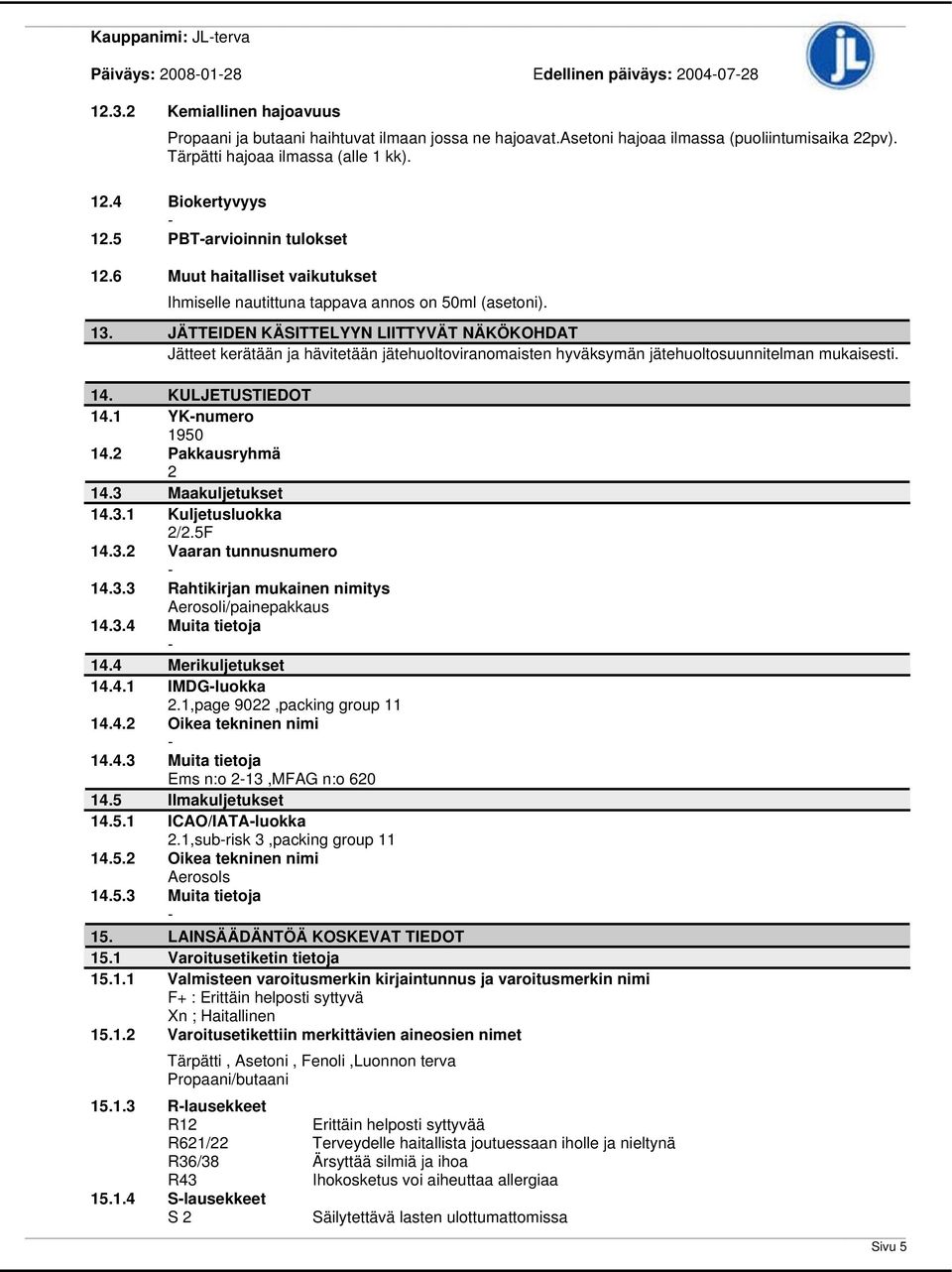 JÄTTEIDEN KÄSITTELYYN LIITTYVÄT NÄKÖKOHDAT Jätteet kerätään ja hävitetään jätehuoltoviranomaisten hyväksymän jätehuoltosuunnitelman mukaisesti. 14. KULJETUSTIEDOT 14.1 YKnumero 1950 14.