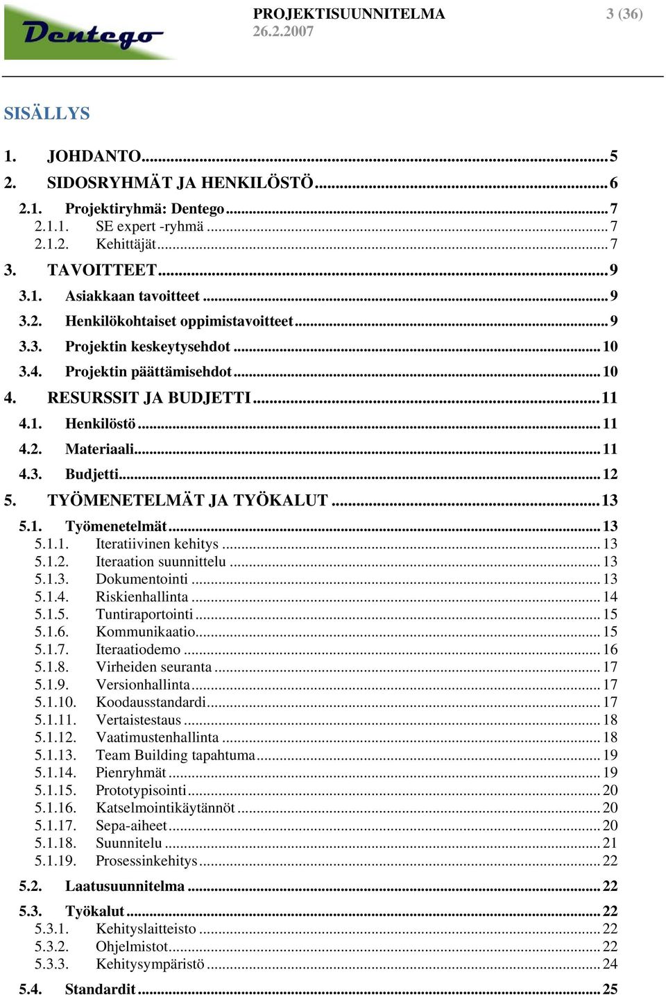 .. 12 5. TYÖMENETELMÄT JA TYÖKALUT...13 5.1. Työmenetelmät... 13 5.1.1. Iteratiivinen kehitys... 13 5.1.2. Iteraation suunnittelu... 13 5.1.3. Dokumentointi... 13 5.1.4. Riskienhallinta... 14 5.1.5. Tuntiraportointi.