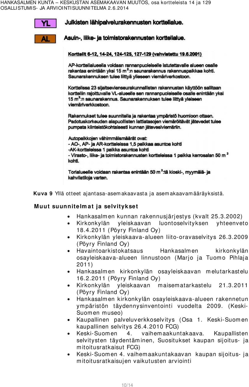 2009 (Pöyry Finland Oy) Havaintoarkistokatsaus Hankasalmen kirkonkylän osayleiskaava-alueen linnustoon (Marjo ja Tuomo Pihlaja 2011) Hankasalmen kirkonkylän osayleiskaavan melutarkastelu 16.2.2011 (Pöyry Finland Oy) Kirkonkylän yleiskaavan maisematarkastelu 21.