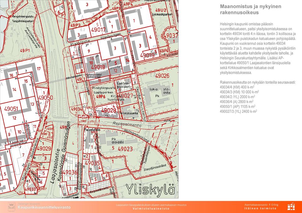 Kaupunki on vuokrannut osia korttelin 49034 tonteista 2 ja 3, muun muassa nykyistä pysäköintiin käytettävää aluetta kahdelle yksityiselle taholle, ja Helsingin Seurakuntayhtymälle.