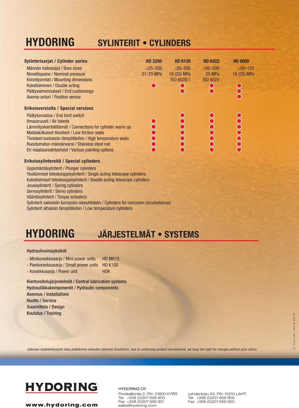 / Special versions Päätytunnistus / nd limit switch Ilmausruuvit / ir bleeds Lämmityskiertoliitännät / onnections for cylinder warm up Matalakitkaiset tiivisteet / Low friction seals Tiivisteet