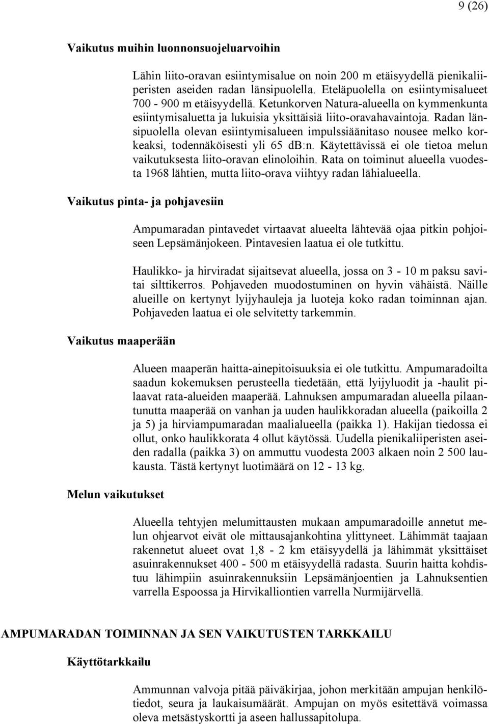 Radan länsipuolella olevan esiintymisalueen impulssiäänitaso nousee melko korkeaksi, todennäköisesti yli 65 db:n. Käytettävissä ei ole tietoa melun vaikutuksesta liito oravan elinoloihin.