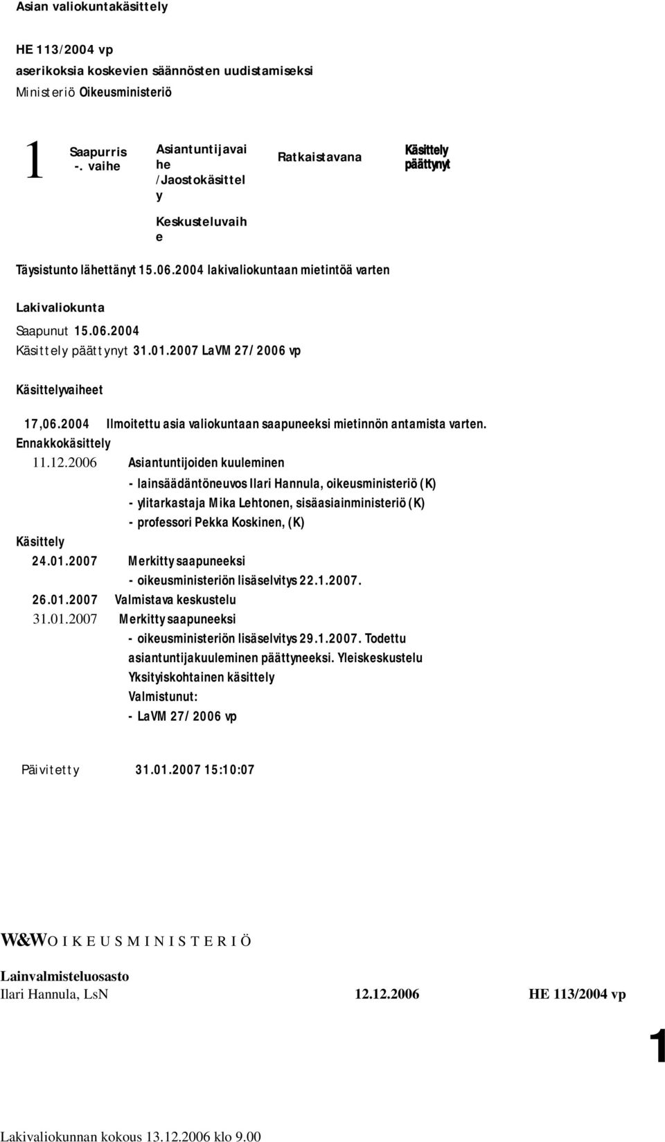 01.2007 LaVM 27/2006 vp Käsittelyvaiheet 17,06.2004 Ilmoitettu asia valiokuntaan saapuneeksi mietinnön antamista varten. Ennakkokäsittely 11.12.