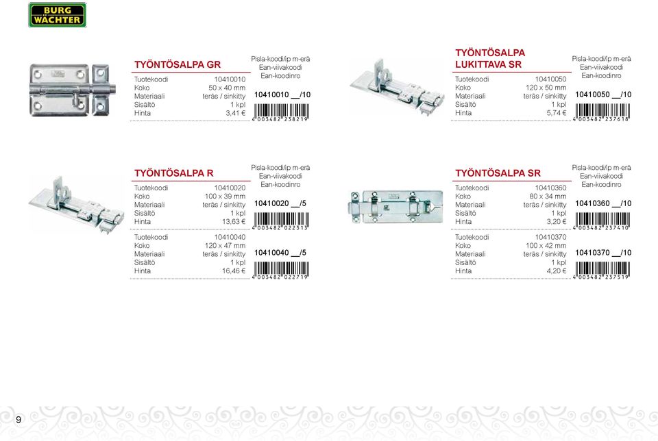 TYÖNTÖSALPA R Tuotekoodi 10410020 100 x 39 mm teräs / sinkitty Hinta 13,63 Tuotekoodi 10410040 120 x 47 mm teräs / sinkitty Hinta 16,46 10410020 /5 )!