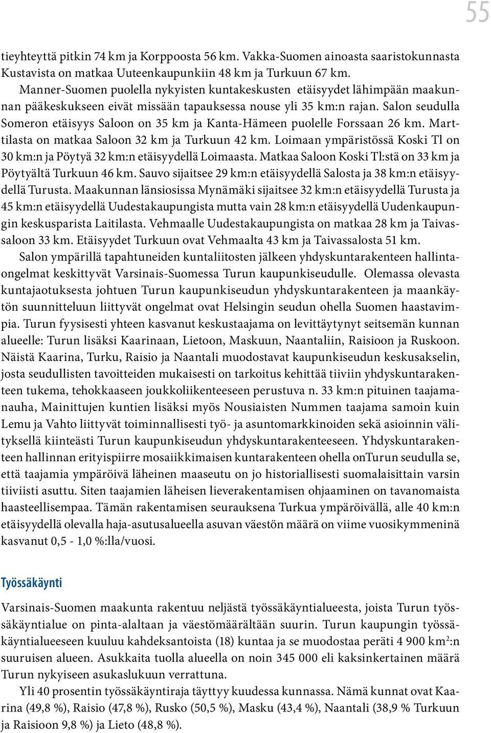 Salon seudulla Someron etäisyys Saloon on 35 km ja Kanta-Hämeen puolelle Forssaan 26 km. Marttilasta on matkaa Saloon 32 km ja Turkuun 42 km.