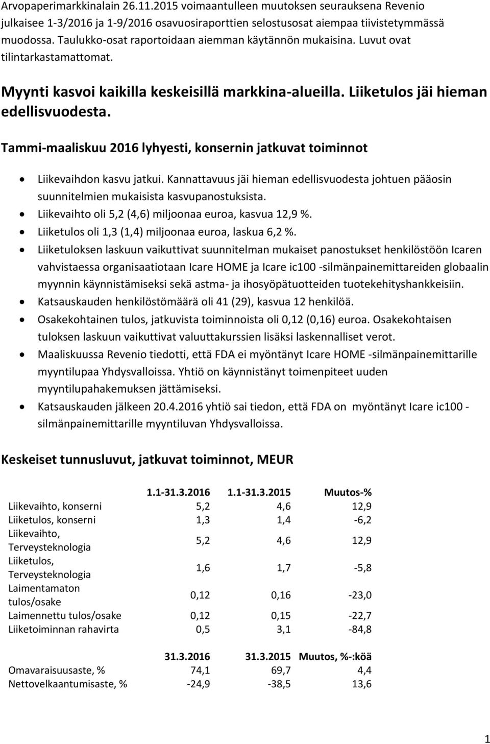 Tammi-maaliskuu 2016 lyhyesti, konsernin jatkuvat toiminnot Liikevaihdon kasvu jatkui. Kannattavuus jäi hieman edellisvuodesta johtuen pääosin suunnitelmien mukaisista kasvupanostuksista.