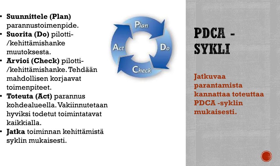 Toteuta (Act) parannus kohdealueella. Vakiinnutetaan hyviksi todetut toimintatavat kaikkialla.