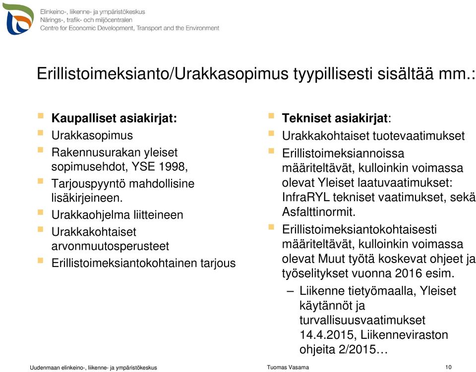 Urakkaohjelma liitteineen Urakkakohtaiset arvonmuutosperusteet Erillistoimeksiantokohtainen tarjous Tekniset asiakirjat: Urakkakohtaiset tuotevaatimukset Erillistoimeksiannoissa