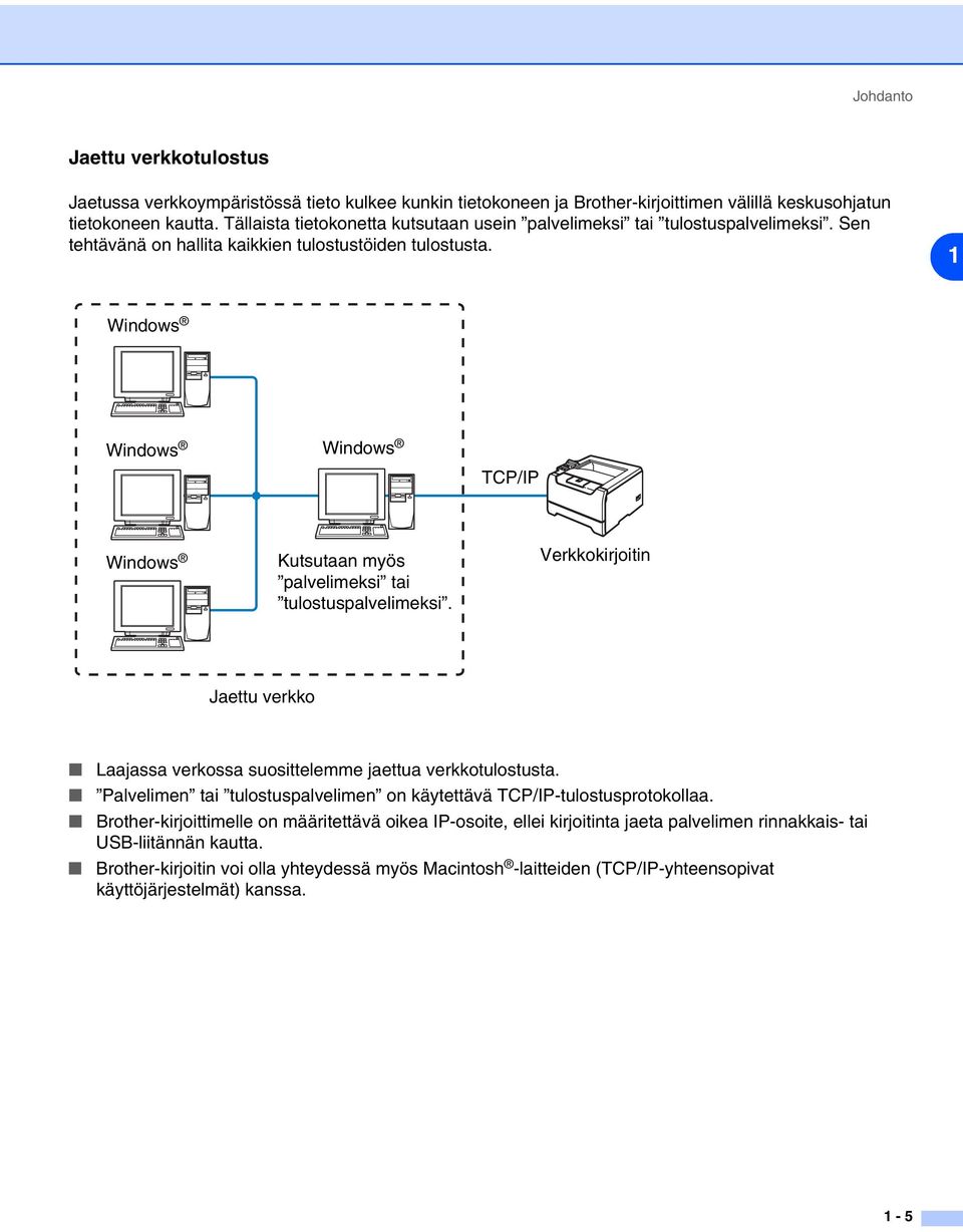 1 Windows Windows Windows TCP/IP Windows Kutsutaan myös palvelimeksi tai tulostuspalvelimeksi. Verkkokirjoitin Jaettu verkko Laajassa verkossa suosittelemme jaettua verkkotulostusta.