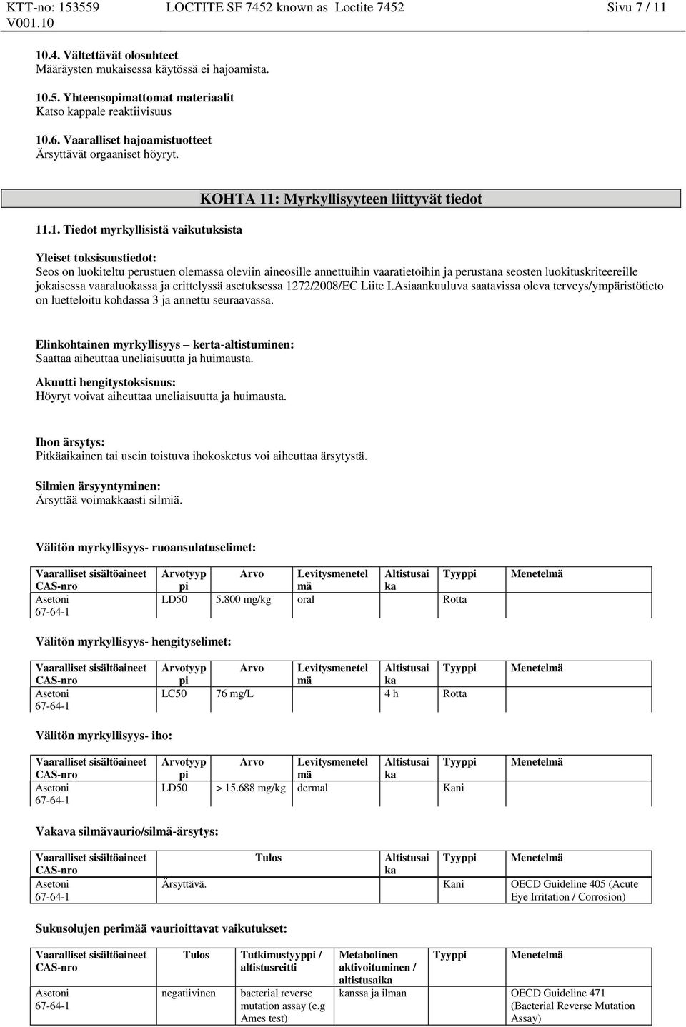 .1. Tiedot myrkyllisistä vaikutuksista KOHTA 11: Myrkyllisyyteen liittyvät tiedot Yleiset toksisuustiedot: Seos on luokiteltu perustuen olemassa oleviin aineosille annettuihin vaaratietoihin ja