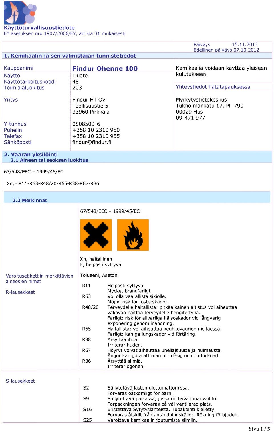 Yhteystiedot hätätapauksessa Yritys Y-tunnus Puhelin Telefax Sähköposti Findur HT Oy Teollisuustie 5 960 Pirkkala 0808509-6 +58 10 210 950 +58 10 210 955 findur@findur.