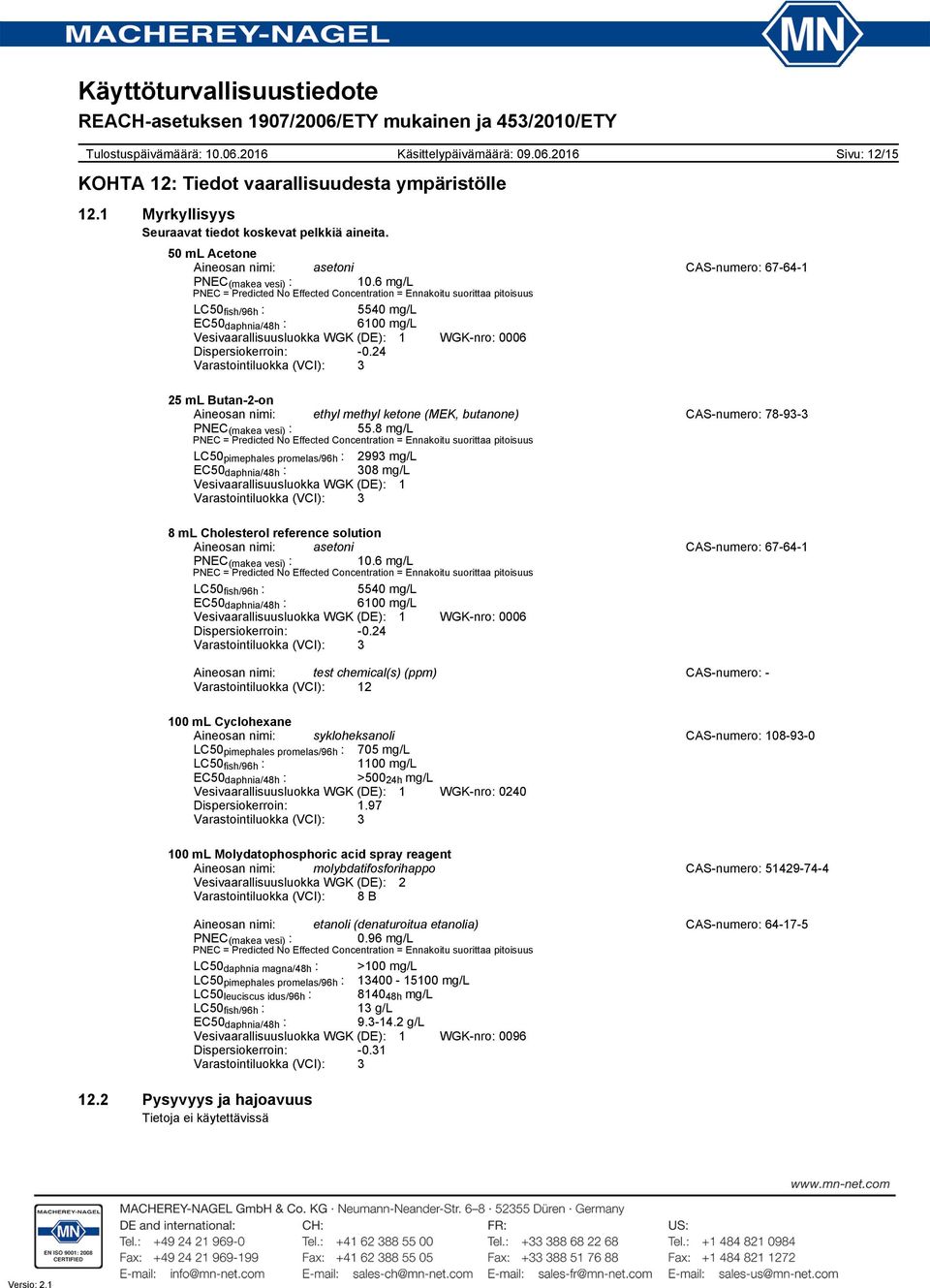Dispersiokerroin: -0.24 Varastointiluokka (VCI): 3 Sivu: 12/15 25 ml Butan-2-on Aineosan nimi: ethyl methyl ketone (MEK, butanone) CAS-numero: 78-93-3 PNEC (makea vesi) : 55.