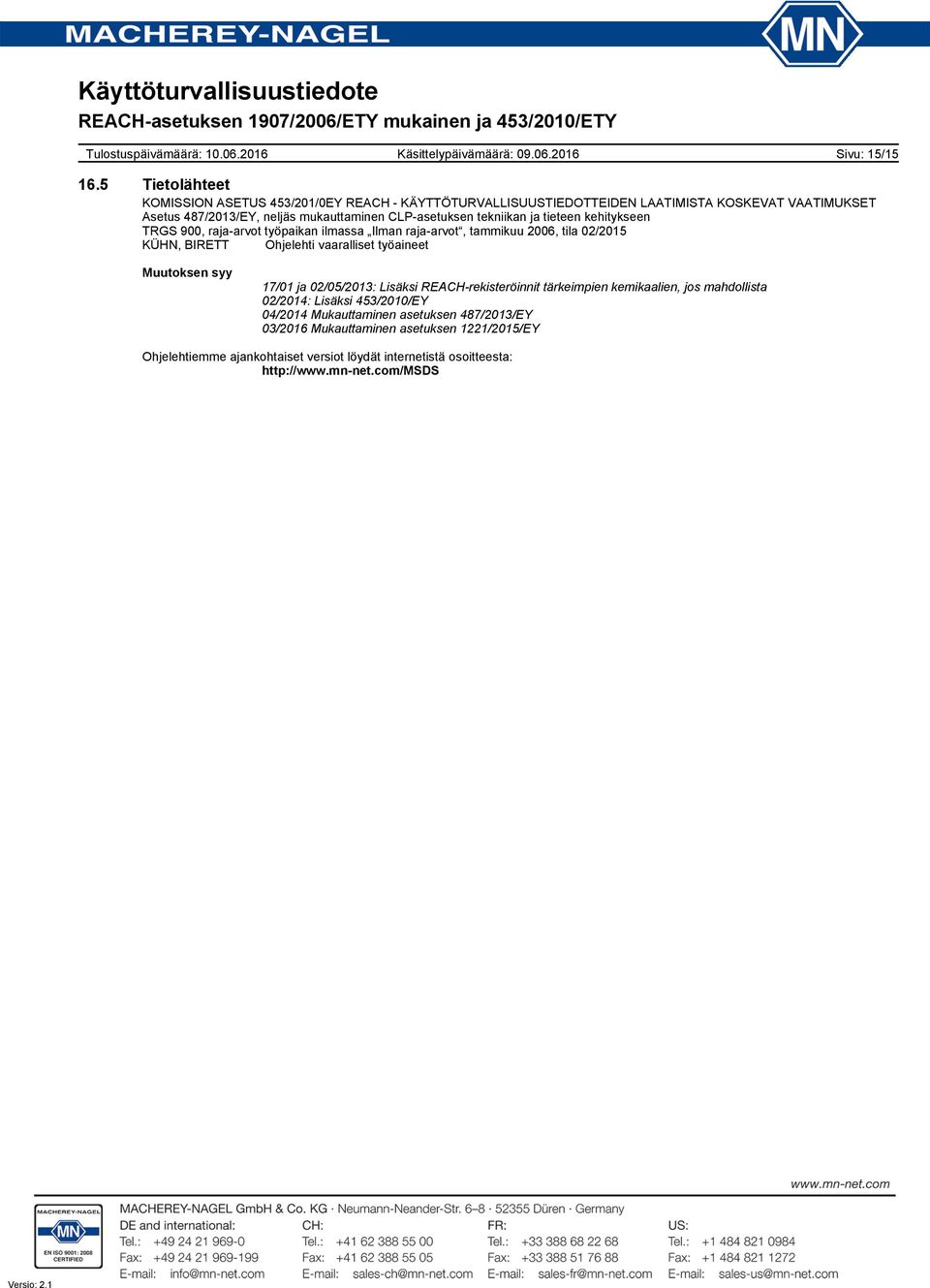 CLP-asetuksen tekniikan ja tieteen kehitykseen TRGS 900, raja-arvot työpaikan ilmassa Ilman raja-arvot, tammikuu 2006, tila 02/2015 KÜHN, BIRETT Ohjelehti vaaralliset